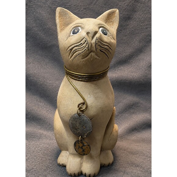 Other - Vintage Hand Carved Wooden Cat Folk Art Sculpture Brass Collar Rustic Whimsical